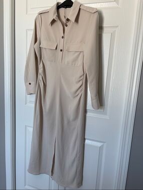 Zara Neutral Beige Button-Front Midi Shirt Dress 100% Polyester fits like a med